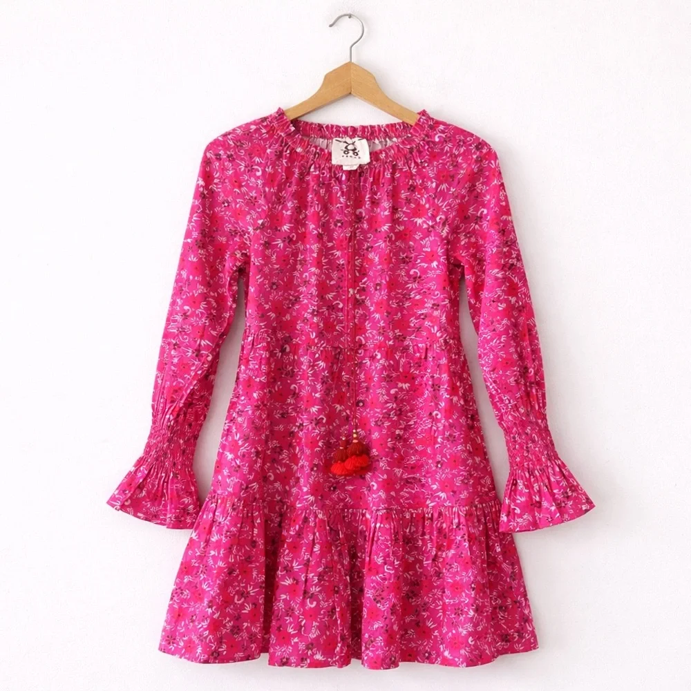 Figue Bella Short Dress Small Pink Floral Tiered Boho Tassel Mini Retail $395